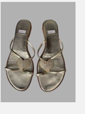 Y2K Alchimia Di Ballin Metallic Gold Rhinestone Heart Flip Flop Sandals 38.5